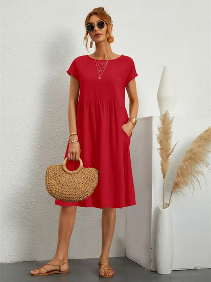 Women's Casual Dress with Pockets and Short Sleeves