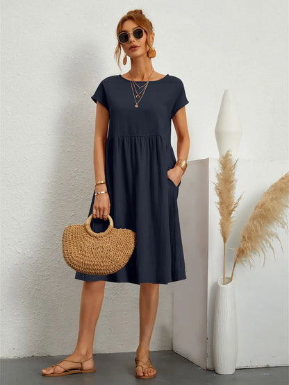 Women's Casual Dress with Pockets and Short Sleeves