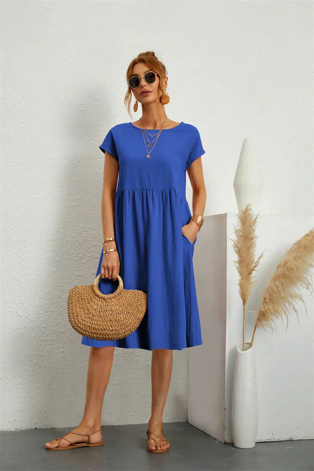 Women's Casual Dress with Pockets and Short Sleeves
