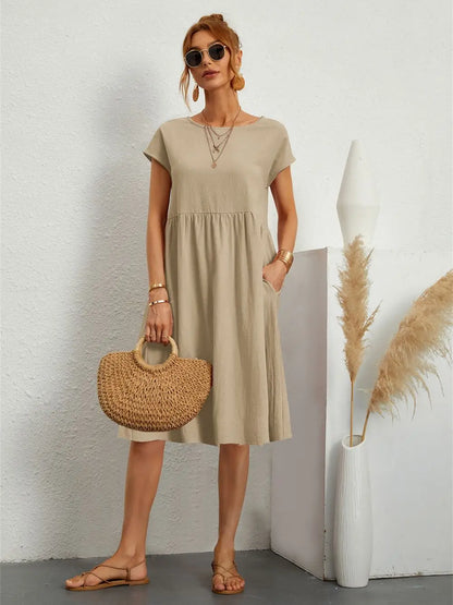 Women's Casual Dress with Pockets and Short Sleeves