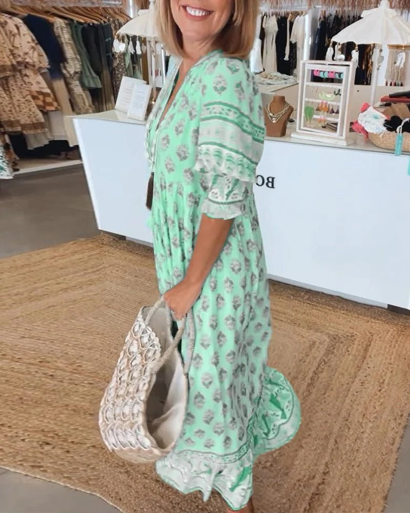 Boho Enchanting Flowing Silhouette Ethereal Georgette Tassel Detailing Midi Dress