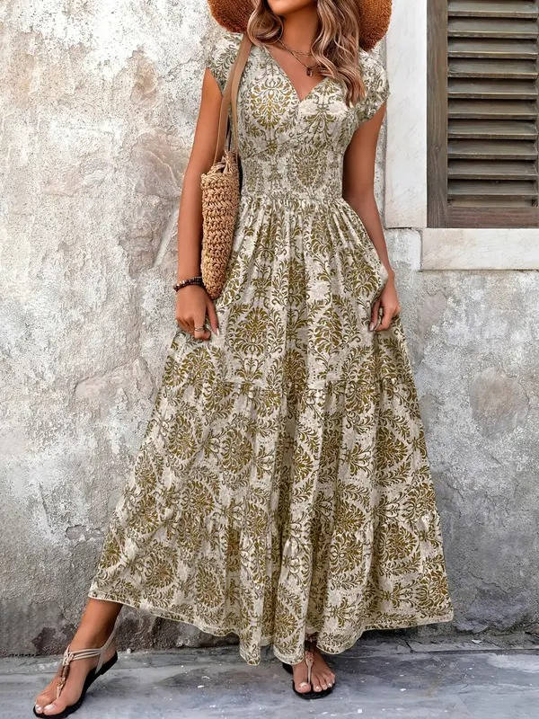 Women’s Bohemian Paisley Maxi Dress – Embellished Smocked Waist Tiered Dress