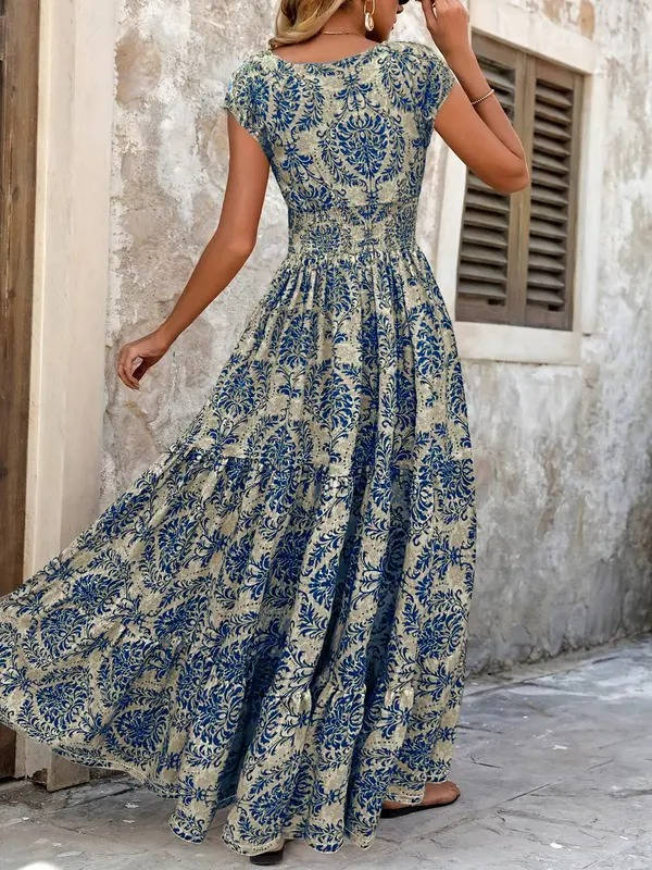 Women’s Bohemian Paisley Maxi Dress – Embellished Smocked Waist Tiered Dress