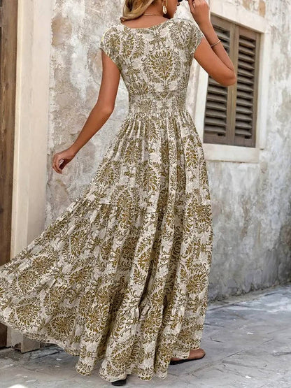 Women’s Bohemian Paisley Maxi Dress – Embellished Smocked Waist Tiered Dress