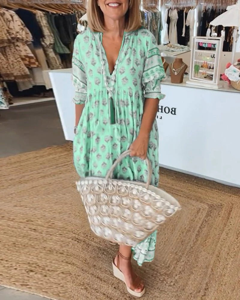 Boho Enchanting Flowing Silhouette Ethereal Georgette Tassel Detailing Midi Dress