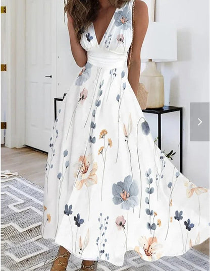 Women’s Floral Print Maxi Dress – Luxurious V-Neck Sleeveless Button Trim A-Line Dress