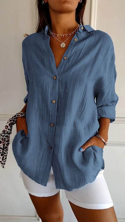 Women's Oversized Long Sleeve Button-Down Shirt with Breathable Fabric and Relaxed Fit