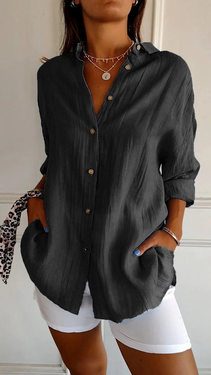 Women's Oversized Long Sleeve Button-Down Shirt with Breathable Fabric and Relaxed Fit