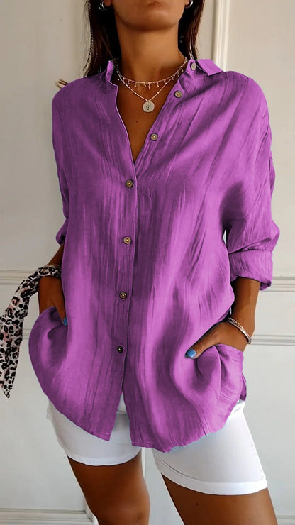 Women's Oversized Long Sleeve Button-Down Shirt with Breathable Fabric and Relaxed Fit