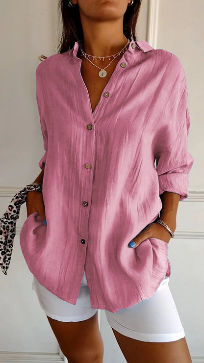Women's Oversized Long Sleeve Button-Down Shirt with Breathable Fabric and Relaxed Fit
