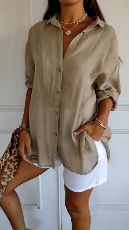 Women's Oversized Long Sleeve Button-Down Shirt with Breathable Fabric and Relaxed Fit