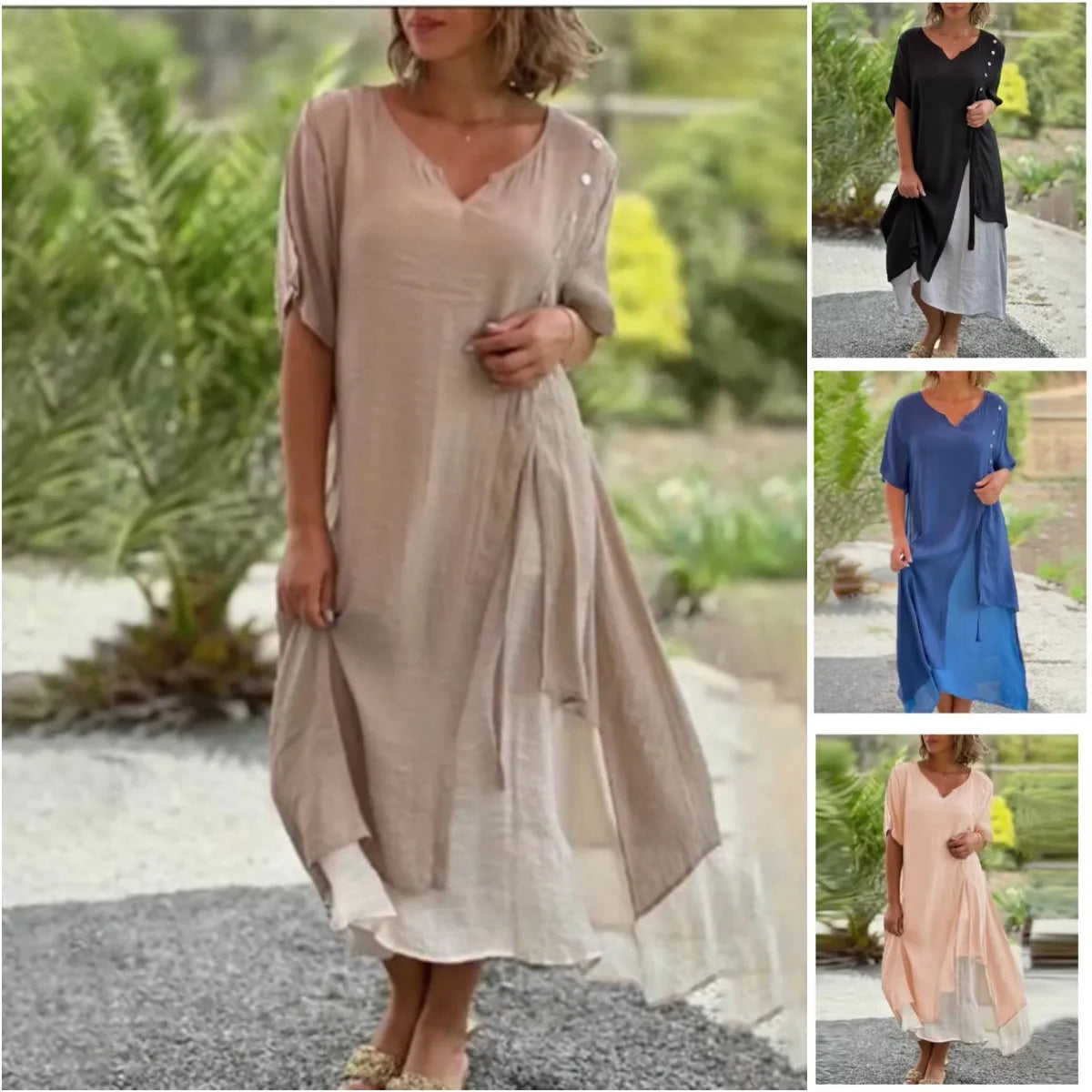 Women’s Silk Crepe Midi Dress – Effortlessly Stylish Layered Hem Relaxed Fit Silhouette Dress