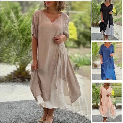 Women’s Silk Crepe Midi Dress – Effortlessly Stylish Layered Hem Relaxed Fit Silhouette Dress