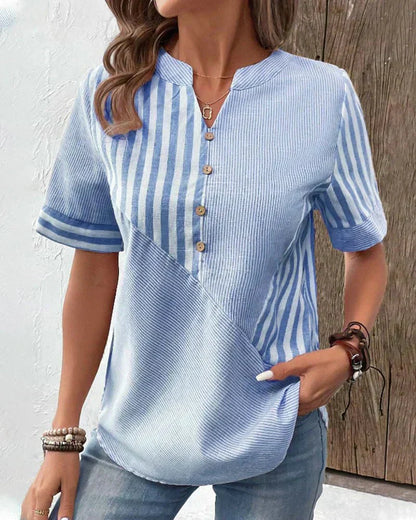 Women's Striped Blouse with Short Sleeves and Lightweight Fabric