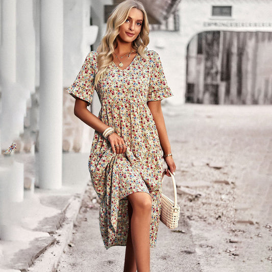 Effortlessly Sophisticated V-Neck Chiffon Floral Print Ruffled Sleeves Midi Dress