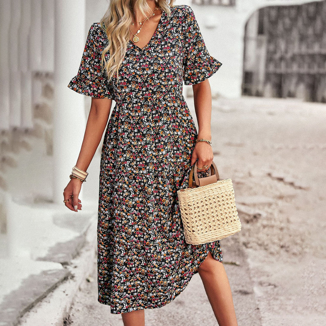 Effortlessly Sophisticated V-Neck Chiffon Floral Print Ruffled Sleeves Midi Dress