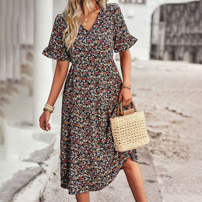 Effortlessly Sophisticated V-Neck Chiffon Floral Print Ruffled Sleeves Midi Dress