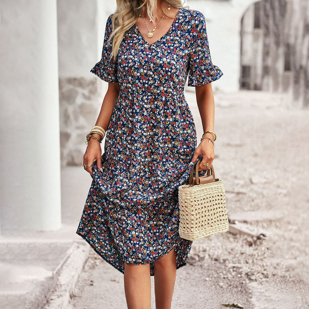 Effortlessly Sophisticated V-Neck Chiffon Floral Print Ruffled Sleeves Midi Dress