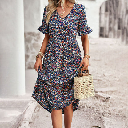 Effortlessly Sophisticated V-Neck Chiffon Floral Print Ruffled Sleeves Midi Dress