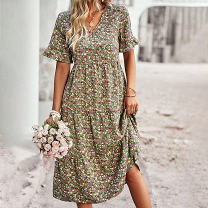 Effortlessly Sophisticated V-Neck Chiffon Floral Print Ruffled Sleeves Midi Dress