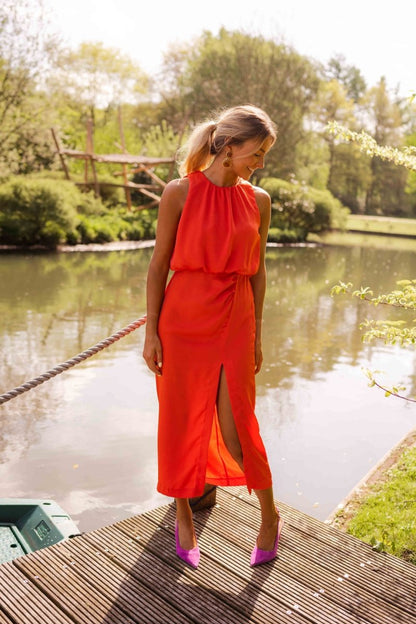 Women’s Linen Cotton Blend Midi Dress – Timeless Elegant Neckline Breathable Flowing Silhouette Dress