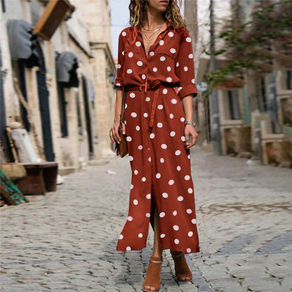 Women’s Polka Dot Maxi Dress – Crepe Georgette Long Sleeve Waist Tie Elegant Dress