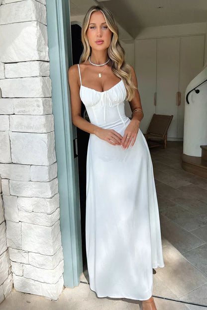 Luxurious Spaghetti Strap Chiffon Flattering Cinched Waistline Evening Length Dress