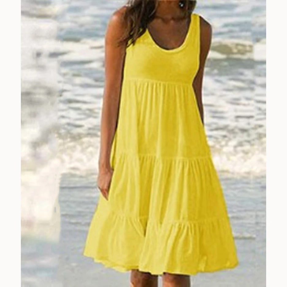 Effortless Boho Sleeveless Tiered Lightweight Linen-Blend Cascading Ruffles Midi Dress