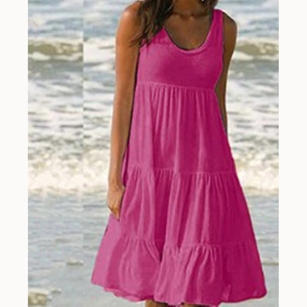 Effortless Boho Sleeveless Tiered Lightweight Linen-Blend Cascading Ruffles Midi Dress