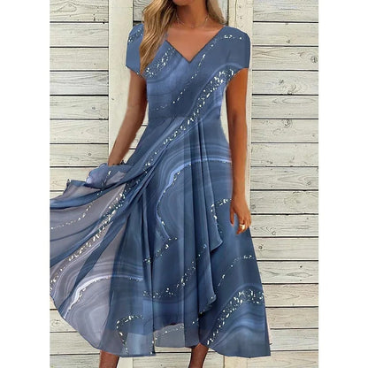 Women's Midi Dress with V-Neck and Flared Skirt