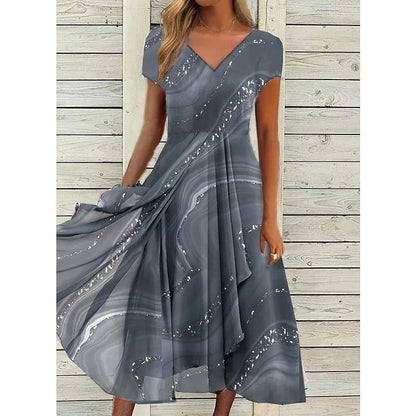 Women's Midi Dress with V-Neck and Flared Skirt