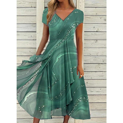 Women's Midi Dress with V-Neck and Flared Skirt