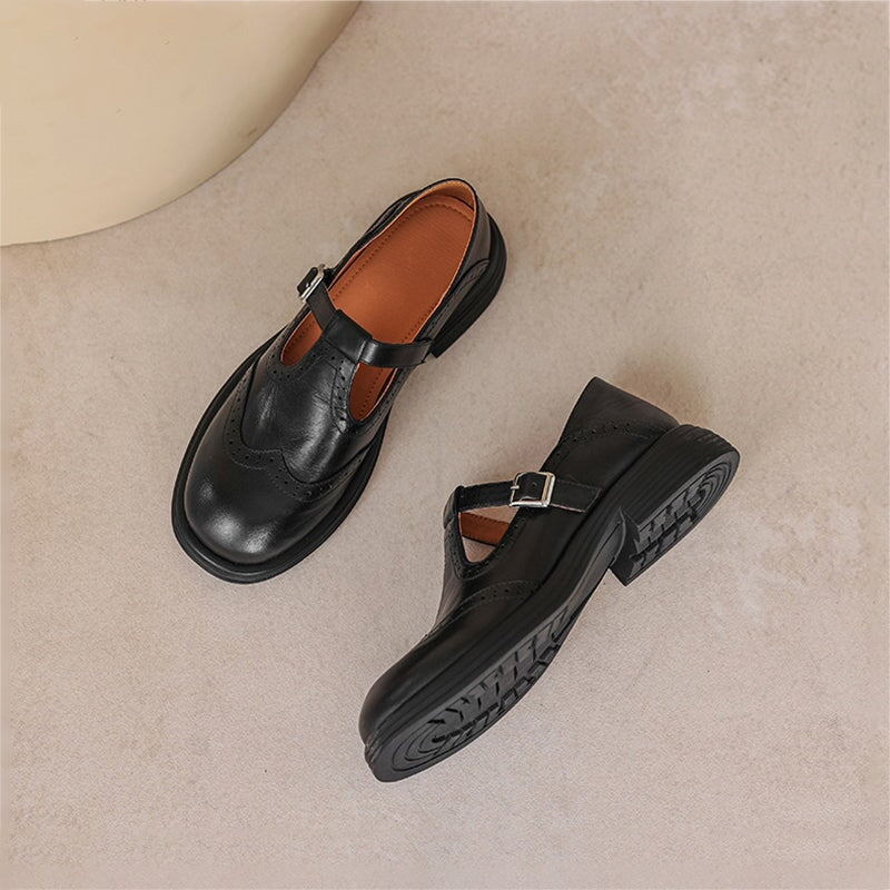 Women's T-Strap Mary Jane Shoes with Brogue Design and Block Heel