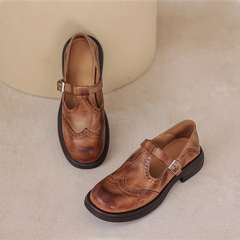 Women's T-Strap Mary Jane Shoes with Brogue Design and Block Heel