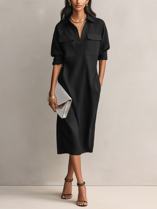 Women’s Cotton Linen Midi Dress – Classic Shirt Collar Breathable All-Day Comfort Dress