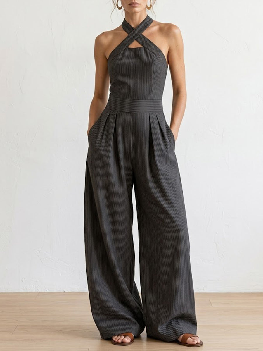 Women's Cross-neck Halter Design Cotton-linen Jumpsuit