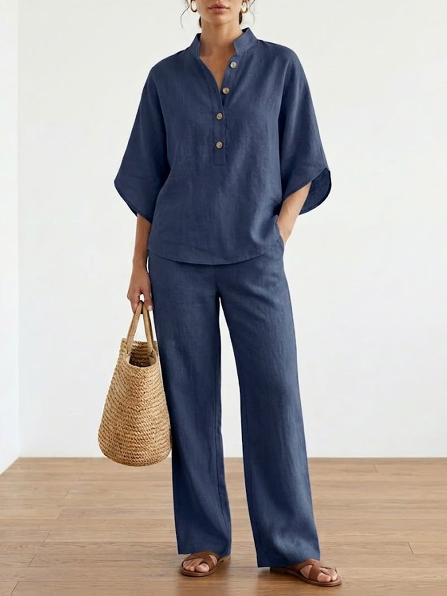 Women's Casual Batwing Sleeve Linen And Cotton Shirt And Trousers Two-piece Set