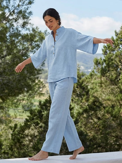 Women's Casual Batwing Sleeve Linen And Cotton Shirt And Trousers Two-piece Set