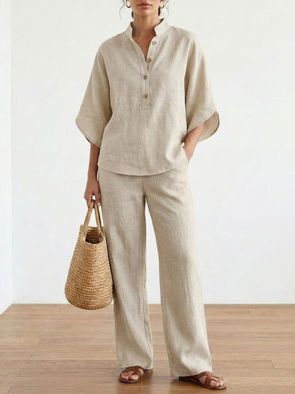 Women's Casual Batwing Sleeve Linen And Cotton Shirt And Trousers Two-piece Set