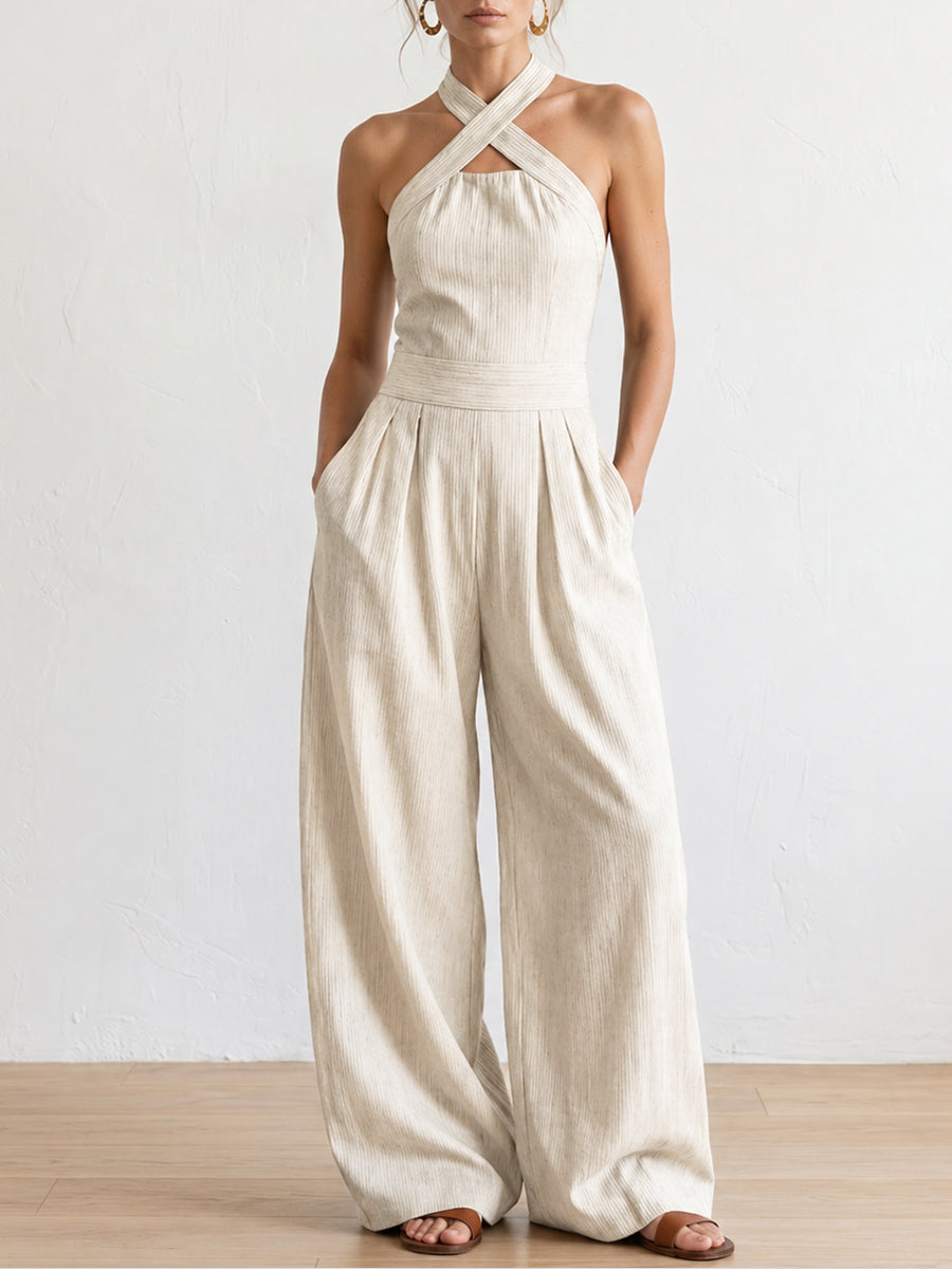 Women's Cross-neck Halter Design Cotton-linen Jumpsuit