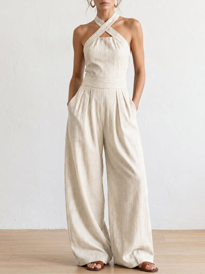 Women's Cross-neck Halter Design Cotton-linen Jumpsuit