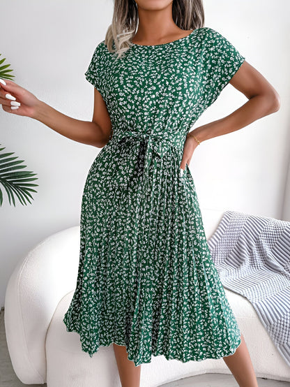 Women's Pleated Dress with Floral Design and A-Line Silhouette