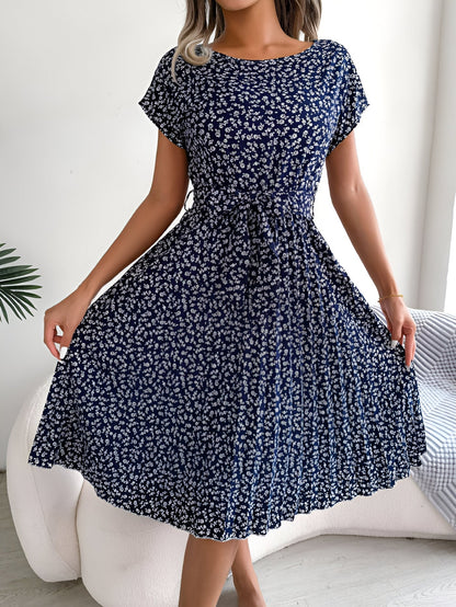 Women's Pleated Dress with Floral Design and A-Line Silhouette