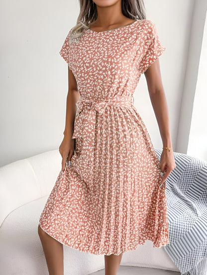 Women's Pleated Dress with Floral Design and A-Line Silhouette