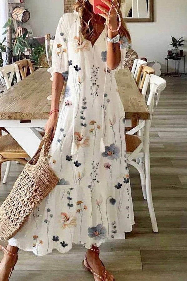 Women's V-Neck Maxi Dress with Floral Print and Tassel Detail