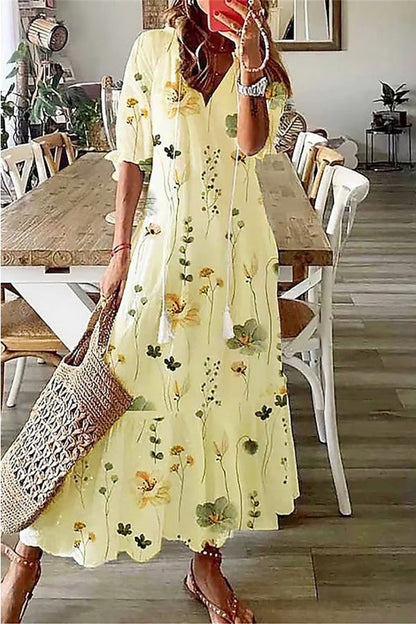 Women's V-Neck Maxi Dress with Floral Print and Tassel Detail