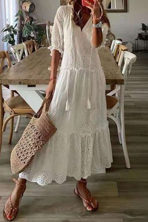 Women's V-Neck Maxi Dress with Floral Print and Tassel Detail