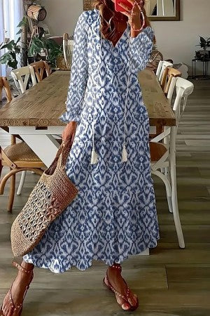 Women’s Watercolor Floral Maxi Dress – Boho Chic V-Neck Tassel Detail All-Day Wear