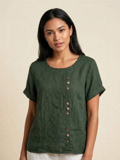 Women's Short Sleeve Top with Scoop Neck and Button Detail