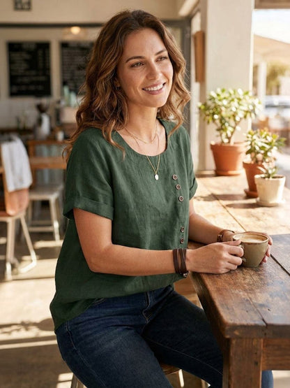 Women's Short Sleeve Top with Scoop Neck and Button Detail